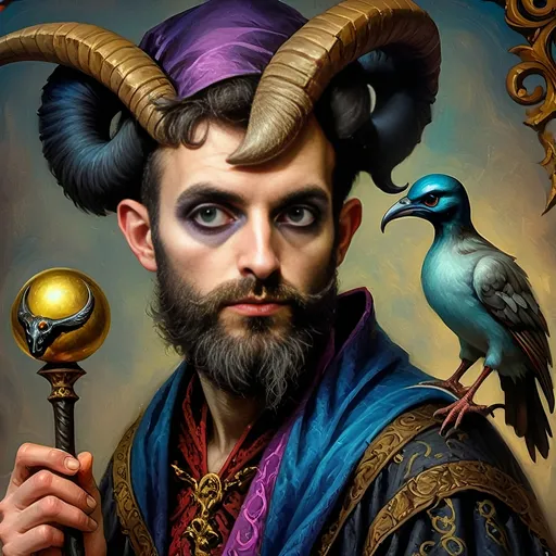 Prompt: A (captivating) oil painting depicting a (mysterious magician) with a (horned head), a (bird perched gracefully on his shoulder), holding a (beautifully crafted cane) and an (orb in his hand), beautifully capturing themes of (fantasy) and (transformation). Character portrait-style, influenced by (Clint Cearley's) signature artistry, with ethereal hues and (vivid detailing) honoring the legendary figures of (Pan and Nuit), set against a dreamy, (surreal background) that evokes wonder.