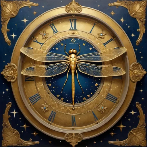 Prompt: (art nouveau style), dragonfly perched gracefully atop a golden clock, intricate detailing, (Brad Kunkle influence), surrounded by shimmering stars, a radiant star at the center, rich golds and deep blues enhancing the celestial theme, blending Egyptian art elements, dreamlike and whimsical atmosphere, highly detailed, (masterpiece) quality, evoking a sense of wonder and magic.