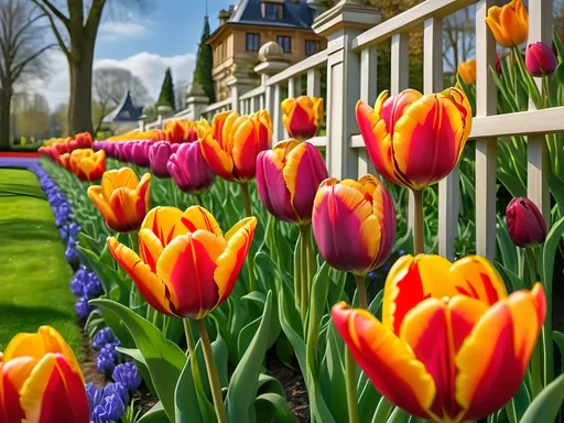 Prompt: (art nouveau style), vibrant color scheme, stunning garden of colorful tulips, lush greenery, decorative fence, charming building in the background, (rich vivid colors), (Flemish Baroque influence), artistic masterpiece, (high depth), dynamic and engaging composition, intricate details, elegant curves, enchanting atmosphere, serene ambiance, a visual celebration of nature and artistry.