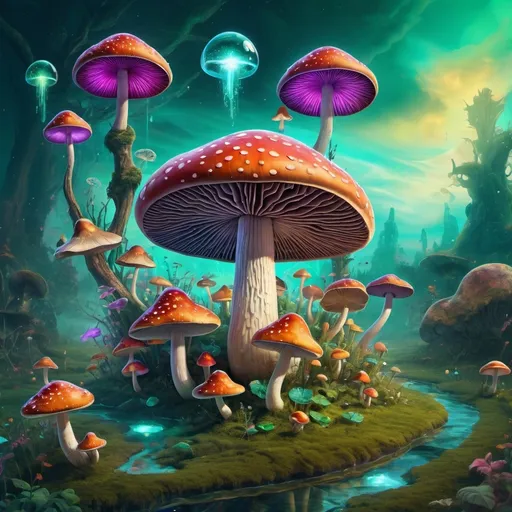 Prompt: (psychedelic mushroom) surrounded by a surreal mix of floating elements in the sky and whimsical objects on the ground, vibrant colors in greens and vivid hues, (fantasy artwork) enchanting atmosphere, dreamy and imaginative vibe, intricate details, (digital art) glowing textures, high depth and ultra-detailed, immersive scene capturing an otherworldly essence.