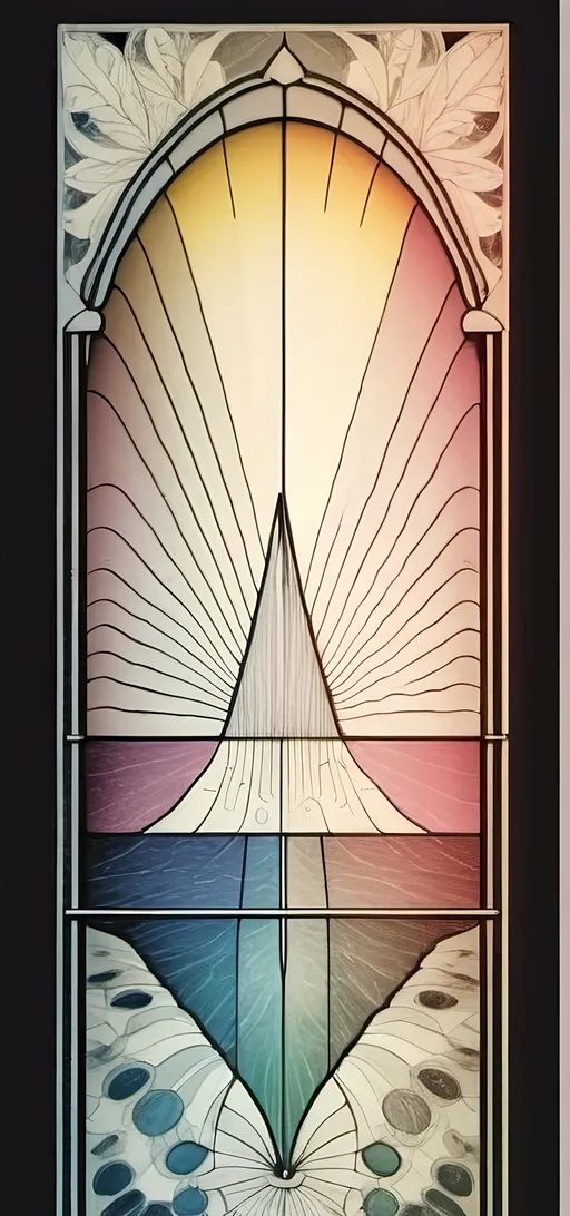 Prompt: Art Deco stained glass window design, (stunning floral patterns), honoring Nuit and Aeon of Horus, vibrant colors blending into delicate imagery, intricate details in glass texture, inspired by the elegance of Art Deco style, (highly detailed), warm ambient light filtering through glass, showcasing the beauty of craftsmanship, 4K quality, perfect for a serene art studio atmosphere.