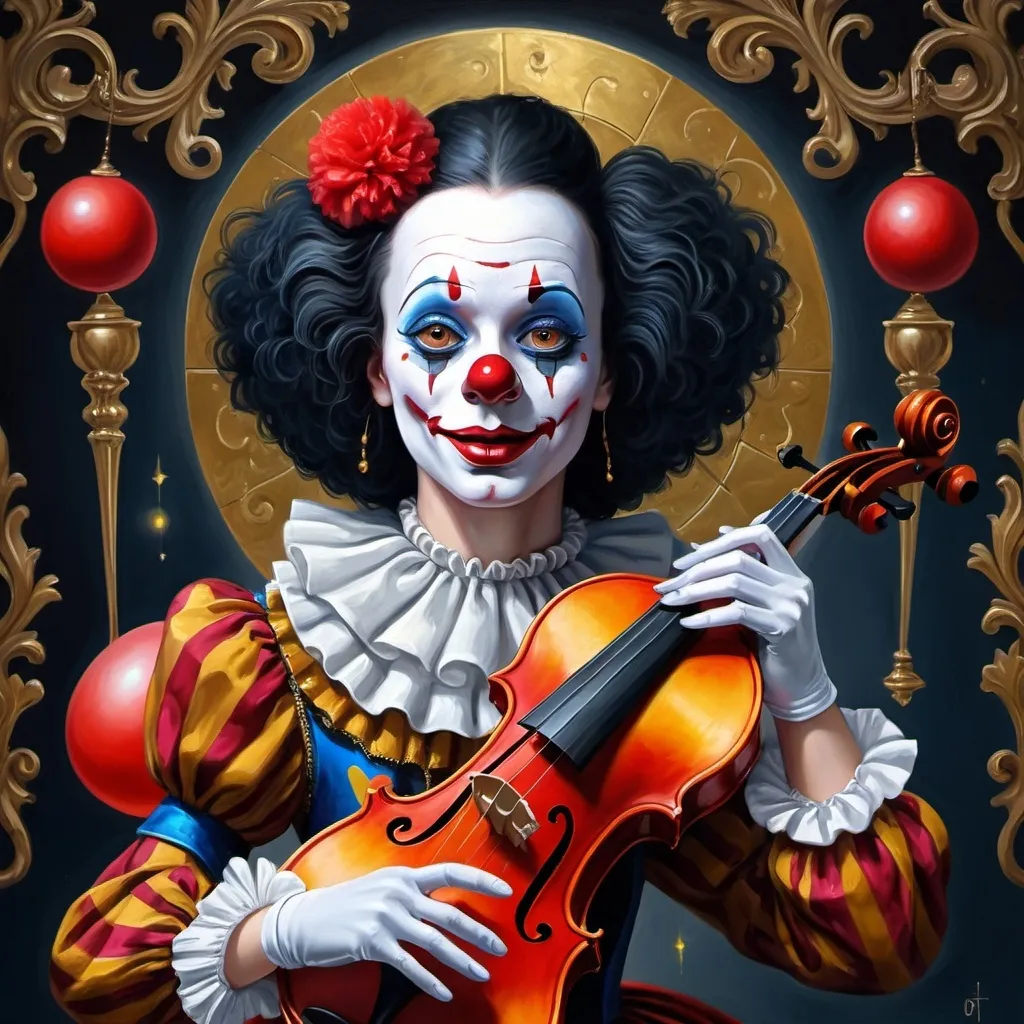 Prompt: a painting of a dark headed female clown with a gold violin and a ball in front of him, with a red clown's face painted on it, magical ambiance, friendly, highly detailed digital painting, an ultrafine detailed painting.  Add Renaissance background.  Adorn with mystic florals.  Add moon influences.  Add influences of the God Nuit in the following manner.  