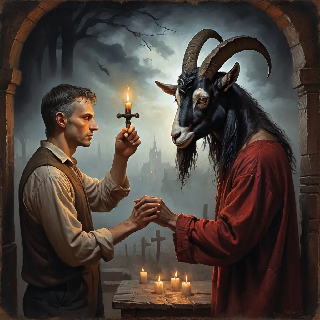 Prompt: (breathtaking fantasy art), a man and a goat reaching hands, melancholic atmosphere, flickering candlelight casting eerie shadows, ominous message on a weathered sign (accurately spelled text "the devil is coming"), dark colors, rich textures, dramatic lighting, intricate details, captivating composition, mysterious ambiance, (oil painting), (ultra-detailed), (high resolution).