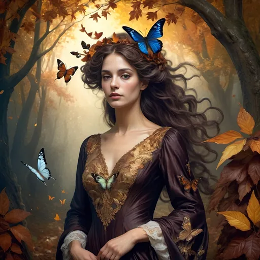 Prompt: (Honoring Nuit, Autumn Equinox), (Renaissance style), woman depicted as nature, flowing dress, butterfly in hair, rich and dark color palette, lush foliage backdrop, mood of serenity and mystery, intricate details in hair and dress, soft chiaroscuro lighting, evocative atmosphere, ultra-detailed, masterful composition, capturing the essence of autumn transition.