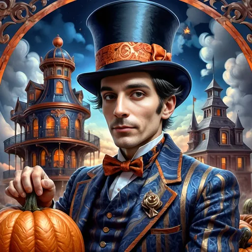 Prompt: art deco style portrait of a (man in a top hat) holding a (pumpkin), (still life) honoring Nuit, (magician), (intense magic) for all hallows eve, (vibrant color scheme), (sky background with clouds), digital painting by (Alejandro Burdisio), (gothic art), (highly detailed), character portrait, (dynamic and whimsical ambiance), (ultra-detailed), (4K).