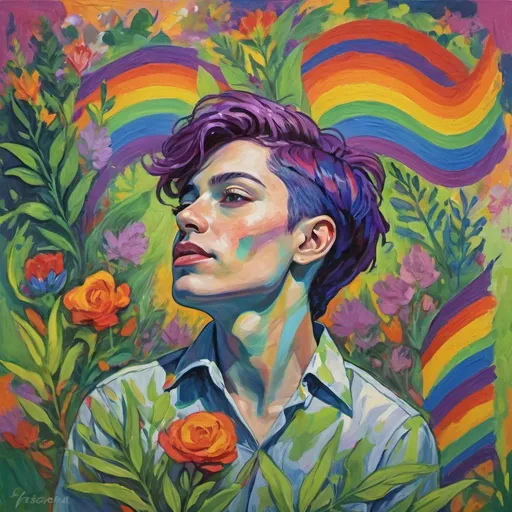 Prompt: Fauvist-style portrait, (genderqueer activist), vibrant colors, dynamic energy, expressive brush strokes, warm and cool contrasts, nature elements, bold and rich hues, advocating for environmental causes, surrounded by greenery, lively background, capturing passion and commitment, celebrating activism, modern art feel, ultra-detailed, high definition.