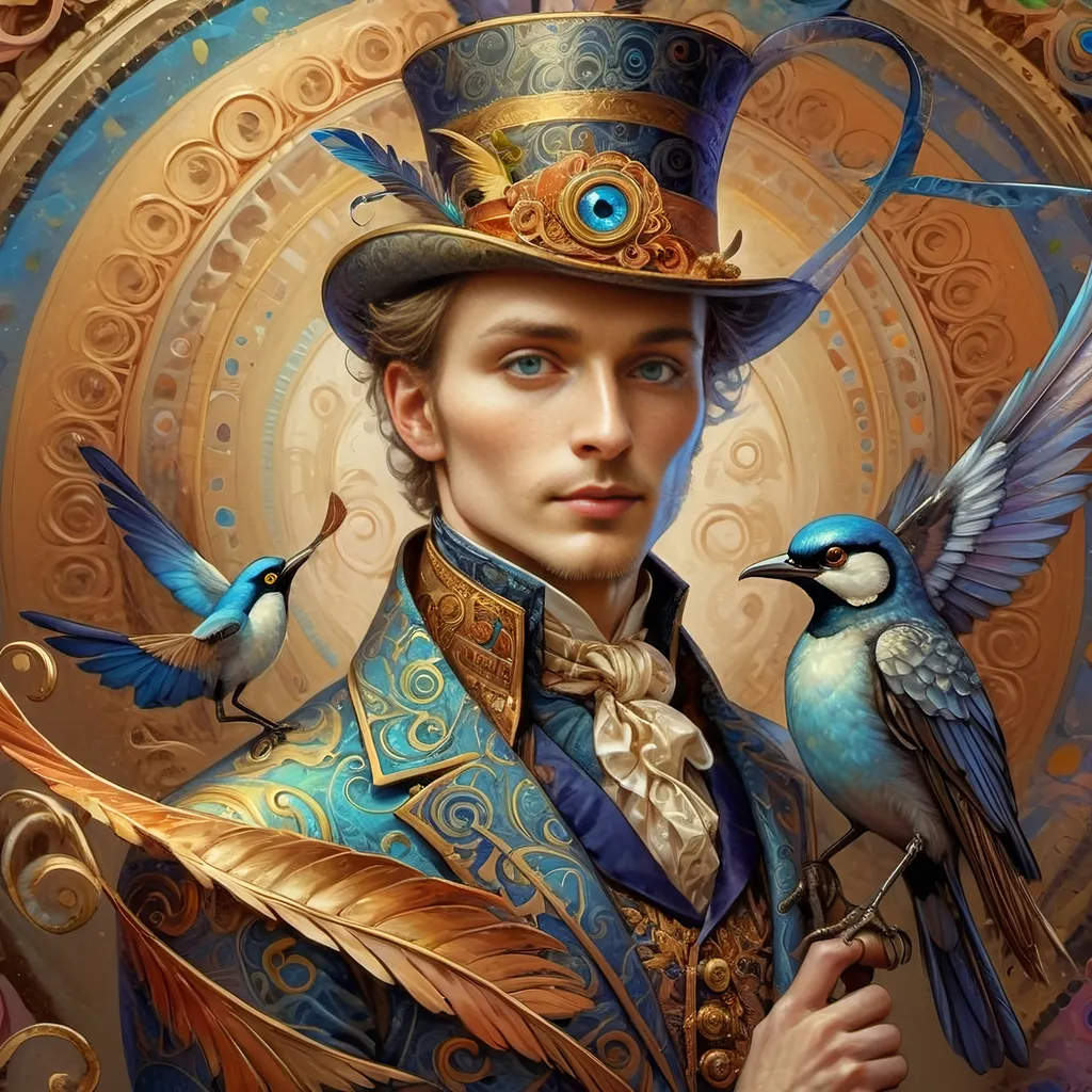 Prompt: a painting of a colorful bird with a circular background and a gold ring around it's neck and a blue eye, Android Jones, psychedelic art, highly detailed digital painting, a detailed painting