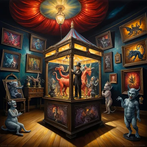 Prompt: (7 Wonders Art Glass Studio), (oil painting), demons as jack-in-the-boxes, circus setting, (highly detailed), (ultra-fine details), esoteric ambiance, dark and mysterious atmosphere, surreal colors, intricate textures, curiosity sparks, vivid contrasting shadows, ethereal lighting, artistically whimsical exhibits, hauntingly beautiful, capturing the essence of Nuit.