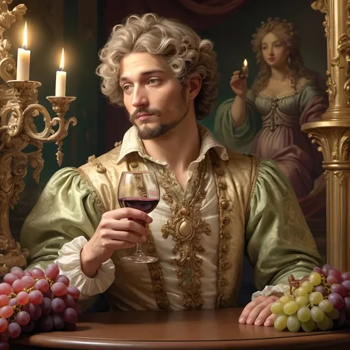 Prompt: (art style: Renaissance), Bacchus holding a glass of wine and a candle, grapes adorning the scene, carousel background, (pastel color scheme), (highly detailed), baroque influences, (digital rendering), captivating ambiance, soft lighting, intricate details, exquisite textures, masterful brushwork, enchanting atmosphere, visually stunning composition, evoking a sense of celebration and merriment, (4K), ultra-detailed illustration.