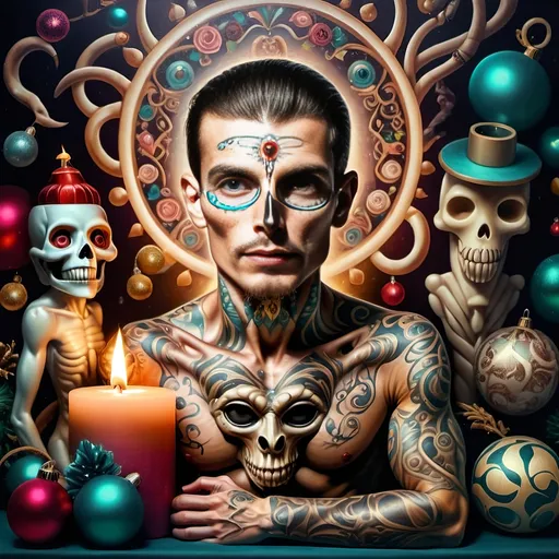 Prompt: (nutcracker), (candle and candle holder), surrounded by (Christmas decorations), (psychedelic art style), (vibrant color scheme), (extremely detailed), (oil painting), (airbrush painting), inspired by (Anne Stokes), (pop surrealism), dynamic patterns and textures, warm and festive ambiance, high-quality artistry, rich hues melding into each other, whimsical elements drawing viewers in, enchanting holiday spirit, magical atmosphere.