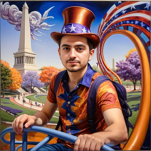 Prompt: A (masterful) Seven Wonders Art Glass Studio painting, depicting a (charming) magician man in a (patriotic) top hat, joyfully riding a rollercoaster in Liberty Park, featuring vibrant colors and whimsical elements, with a prominent Washington Monument in the background, intricately integrated with the phrase (accurately spelled text "Yankee Doodle"), all while encapsulating the theme of (honoring Nuit and the Aeon of Horus), ultra-detailed, colorful and dynamic atmosphere.