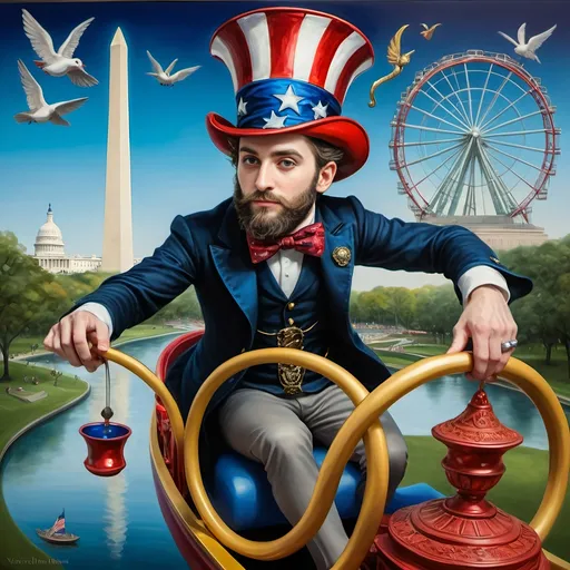 Prompt: A (masterful) Seven Wonders Art Glass Studio painting, depicting a (charming) magician man in a (patriotic) top hat, joyfully riding a rollercoaster in Liberty Park, featuring vibrant colors and whimsical elements, with a prominent Washington Monument in the background, intricately integrated with the phrase (accurately spelled text "Yankee Doodle"), all while encapsulating the theme of (honoring Nuit and the Aeon of Horus), ultra-detailed, colorful and dynamic atmosphere.