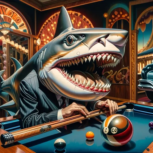 Prompt: a shark in a suit playing pool with a pool cueil and a pool ball in front of him, F. Scott Hess, pop surrealism, classical painting, a fine art painting y 7 Wonders Art Glass Studio honoring Nuit