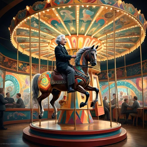 Prompt: Carousel of Science, (vibrant art deco style), (highly detailed) digital painting, Albert Einstein on a carousel, horse riding in front, intricate chalkboard in the background, colorful geometric patterns, dynamic composition, sharp lines, depth in shadows and highlights, ultra-fine details, captivating atmosphere, visually striking, evoking curiosity and wonder, HD quality.