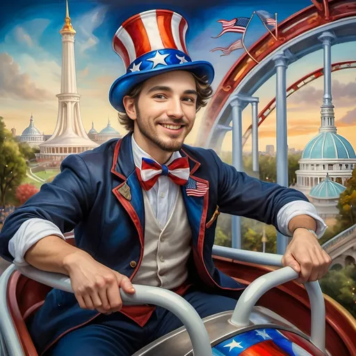 Prompt: (A Seven Wonders Art Glass Studio masterpiece) painting of a man wearing a patriotic hat, (thrilling pose) riding the Freedom rollercoaster, (vibrant colors), scenic background of Freedom Park in D.C., (dynamic movement), celebrating freedom, eternal spark of joy, whimsical ambiance, soft warm lighting, highly detailed, clarity, engaging and joyful atmosphere, surrounded by delighted visitors, landmarks in the distance.