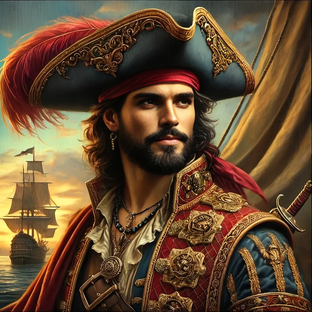 Prompt: a painting of a man in a pirate costume with a beard and a red hat on his head and a ship in the background, Alejandro Burdisio, fantasy art, fantasy character portrait, a character portrait.  Nuit inspired.