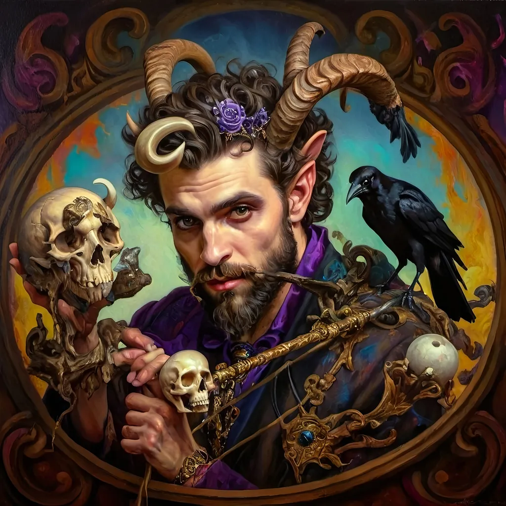 Prompt: a painting of a man magician satyr with horns and a skull in his hand and a crow on his shoulder, with a cane with a scull as orb