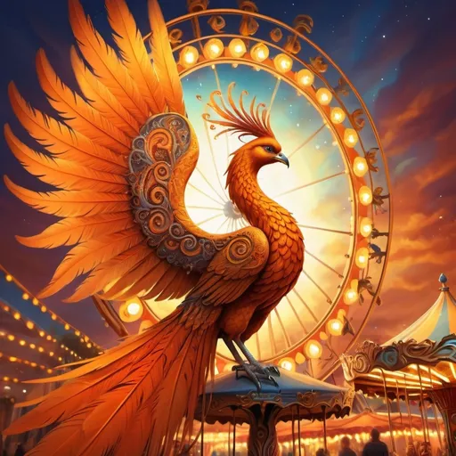 Prompt: a painting of a bird phoenix with orange and yellow feathers on it's head and wings, with a spiral design on its body, Anne Stokes, fantasy art, highly detailed digital art, an airbrush painting in front of a carousel