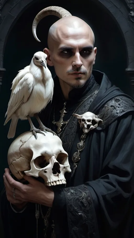 Prompt: (gothic art), (fantasy character portrait), a man with a skull and goat head, holding a skull in one hand, a bird perched on his shoulder, intricate details, ethereal atmosphere, rich dark color tones, dramatic lighting, oil painting style, ultra-detailed, evocative imagery by Bastien L. Deharme, mysterious vibe, enchanting and hauntingly beautiful setting.