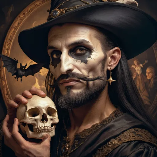 Prompt: (honoring Nuit), moon and stars) captivating handsome man magician, pointed witch hat, facial features highlighted, elegant beard, (renaissance baroque painting style), dark mystical background, rich deep colors with dramatic contrast, elements of Halloween celebration in still life arrangement, enigmatic ambiance, intricate shadows and light, (highly detailed), evoking intrigue and enchantment.