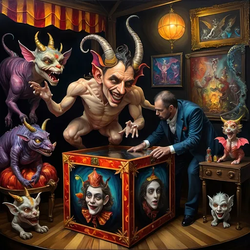 Prompt: (7 Wonders Art Glass Studio), (oil painting), demons as jack-in-the-boxes, circus setting, (highly detailed), (ultra-fine details), esoteric ambiance, dark and mysterious atmosphere, surreal colors, intricate textures, curiosity sparks, vivid contrasting shadows, ethereal lighting, artistically whimsical exhibits, hauntingly beautiful, capturing the essence of Nuit.