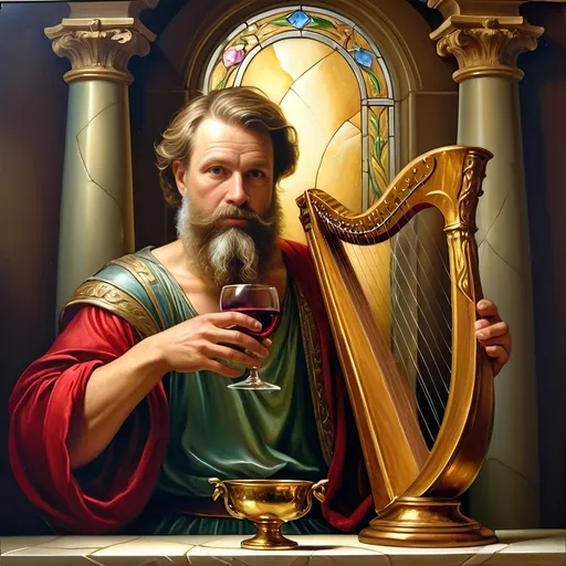 Prompt: (Seven Wonders Art Glass Studio), oil painting, (honoring Nuit), a man with a beard, holding a harp, glass of wine, golden cup beside him, (Ditlev Blunck), neoclassicism, classical painting, Flemish Baroque style, high detail, rich colors, warm glowing light, serene atmosphere, capturing tradition and reverence, elegant background with ethereal elements, ultra-detailed composition, masterful artistry.