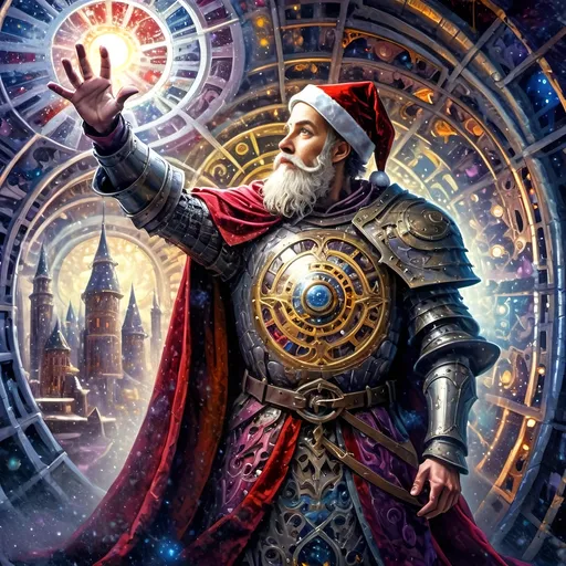 Prompt: An oil on canvas a knight dressed as a santa clause (in honor of Nuit) in a dark city with a light shining on him and a red cape, Ernest William Christmas, antipodeans, epic fantasy character art, concept art