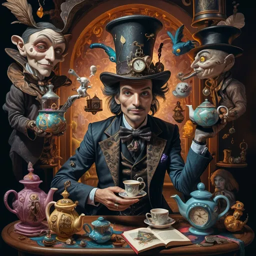 Prompt: (still life portrait), (psychedelic art style), (vibrant color scheme), a whimsical magician jack-in-the-box man, surrounded by enchanting teapots and magical items, captivating tea party scene, objects coming to life, an open book with mystical symbols, surreal and dreamlike atmosphere, vivid hues and intricate patterns, high-quality detail, a splash of imagination and wonder.