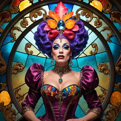 Prompt: (still life portrait), (stained glass artisan drag queen), (baroque style), highly detailed, brilliant colors, psychedelic patterns, intricate glass texture, warm lighting, decorative elements, ornate background, opulent ambiance, luxurious vibe, vivid contrast, ethereal atmosphere, artful composition, 4K quality, ultra-detailed, radiant reflections, artistic masterpiece.