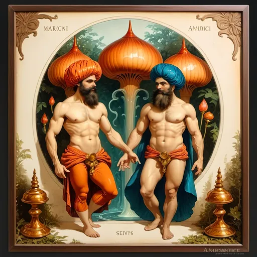 Prompt: A Seven Wonders Art Glass Studio commissioned (oil portrait) of two hairy chested Persian magician lovers with their (wish-granting Genie), celebrating Nuit amidst a lush backdrop of a Persian gay public bathhouse. The scene is infused with (bold, bright colors) and captures the essence of the Renaissance in Pan’s Arcadia. Vibrant and textured, featuring intricate details that evoke intimacy and fantasy, creating an ethereal ambiance. (Ultra-detailed) and stunning composition.