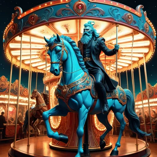 Prompt: (art deco style), vibrant color scheme, Hades on a carousel, adorned with (a majestic beard), perched on a horse head, surrounded by dazzling lights, inspired by (Dan Mumford), gothic art influences, high energy ambiance, intricate details, (highly detailed digital painting), ultrafine details, cinematic masterpiece, whimsy and elegance combined, immersive atmosphere, 4K resolution.