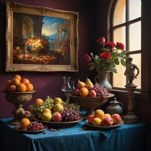 Prompt: (artstyle-renaissance), vibrant color scheme, (museum quality), detailed still life, dynamic composition, ethereal light, playful shadows, lively textures, vivid contrasts, enchanting ambiance, captivating depth, rich historical references, emotional realism, evocative mood, (kinetic movement), illusion of grandeur, dramatic forms, harmony and chaos intertwined.