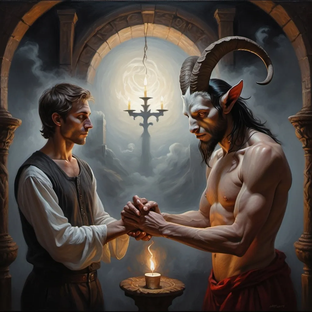 Prompt: (fantasy art scene) a man and a goat touching hands, flickering candlelight casting shadows, dark atmosphere, (mystical) swirling dark hues, ominous sign saying "the devil is coming," (oil painting) intricate details, high contrast lighting, stirring expression, deep textures, fantasy ambiance, (ultra-detailed), capturing the tension of the moment.