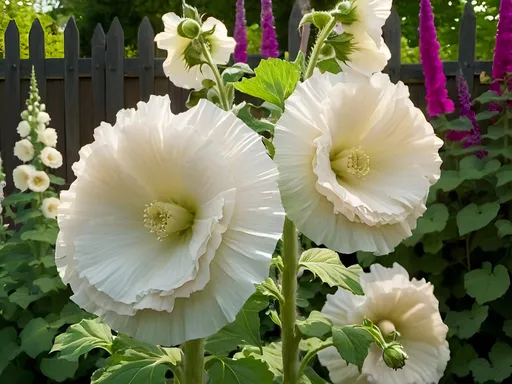 Prompt: Double white hollyhock (focal subject), growing lushly in a garden, surrounded by vibrant green leaves and colorful flowers, rustic fence in the background, inspired by (rococo) elegance, infused with (Flemish Baroque) ambiance, cinematographic lighting, exquisite detail, HD, conveying an enchanting and serene atmosphere, capturing the essence of a blooming garden masterpiece.