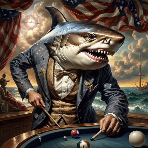 Prompt: (shark in a suit playing pool), (pool cue and ball in front), F. Scott Hess style, pop surrealism, classical painting, (younger and bolder color tones), (highly detailed), dreamy ambiance, intricate textures and reflections, juxtaposition of elegance and playfulness, fine art masterpiece, inspired by 7 Wonders Art Glass Studio, honoring Nuit, ultra-detailed, 4K.