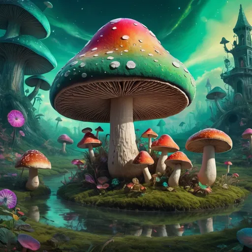 Prompt: (psychedelic mushroom) surrounded by a surreal mix of floating elements in the sky and whimsical objects on the ground, vibrant colors in greens and vivid hues, (fantasy artwork) enchanting atmosphere, dreamy and imaginative vibe, intricate details, (digital art) glowing textures, high depth and ultra-detailed, immersive scene capturing an otherworldly essence.