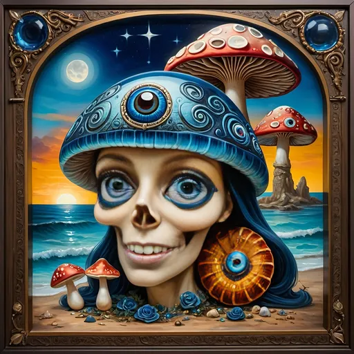 Prompt: (7 Wonders Art Glass Studio masterpiece), oil painting, (honoring Nuit), magical mushroom, (vibrant blue shell), (striking blue eye), Eye of Horus, rich textures, dreamy atmosphere, whimsical background, stars and cosmic elements, (ethereal lighting), enchanting details, high-quality, ultra-detailed composition, surreal and imaginative style.