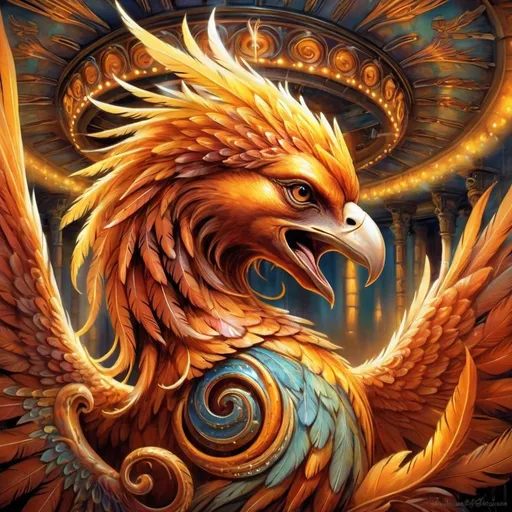 Prompt: a painting of a bird phoenix with orange and yellow feathers on it's head and wings, with a spiral design on its body, Anne Stokes, fantasy art, highly detailed digital art, an airbrush painting in front of a carousel