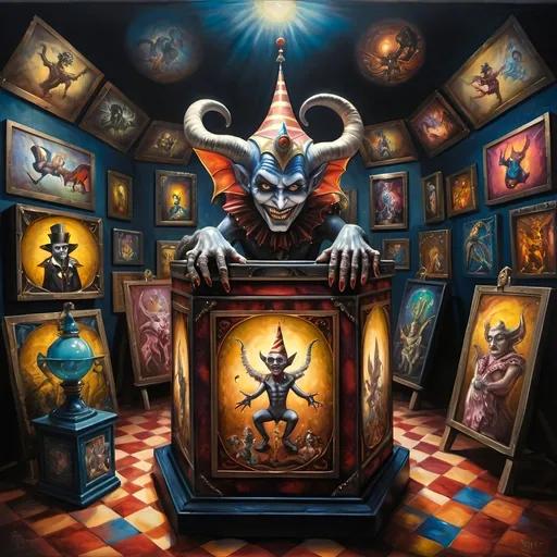 Prompt: (7 Wonders Art Glass Studio), (oil painting), demons as jack-in-the-boxes, circus setting, (highly detailed), (ultra-fine details), esoteric ambiance, dark and mysterious atmosphere, surreal colors, intricate textures, curiosity sparks, vivid contrasting shadows, ethereal lighting, artistically whimsical exhibits, hauntingly beautiful, capturing the essence of Nuit.