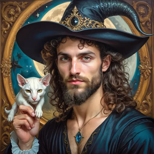 Prompt: (honoring Nuit), moon and stars) captivating handsome man magician, pointed witch hat, facial features highlighted, elegant beard, (renaissance baroque painting style), dark mystical background, rich deep colors with dramatic contrast, elements of Halloween celebration in still life arrangement, enigmatic ambiance, intricate shadows and light, (highly detailed), evoking intrigue and enchantment.