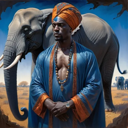 Prompt: (emphasizing a fine art painting), (dark fantasy art), a man in a turban, wearing a flowing blue cape, majestic elephant in the background, intricate details, vibrant colors, rich textures, heavy brush strokes, David Giancola style, (surreal atmosphere), infused with afrofuturism elements, highly sophisticated composition, cinematic lighting, evocative imagery, ultra-detailed, masterpiece quality.