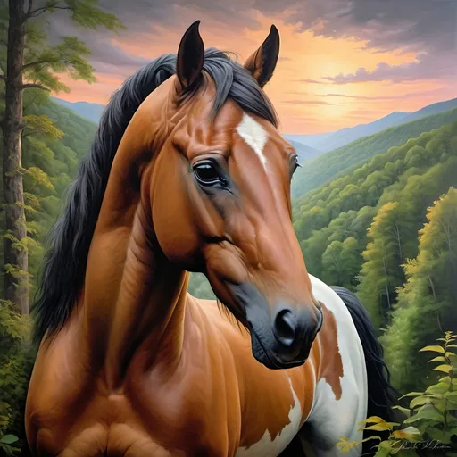 Prompt: (Honoring Nuit), (detailed oil painting), majestic stallion horse, awe-inspiring landscape of Eastern Kentucky, lush forest covered mountains, iconic Natural Bridge, vibrant greens of heavy trees and dense vegetation, ethereal twilight sky, serene atmosphere, high depth cinematic beauty, ultra-detailed, rich color tones, captures the essence of nature and glory of the stallion.