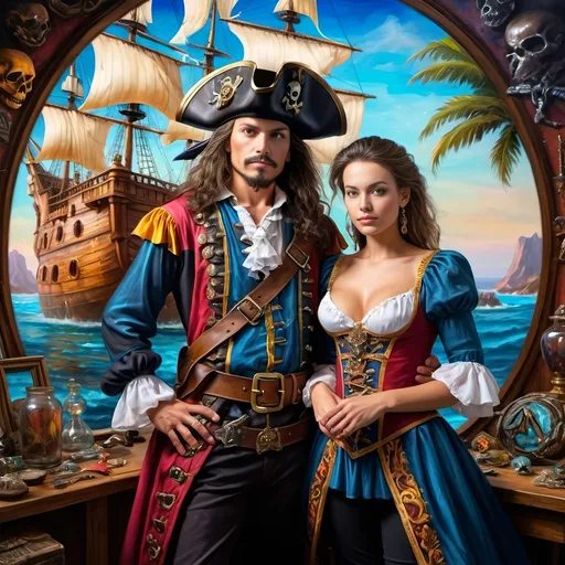 Prompt: (7 Wonders Art Glass Studio) Renaissance (oil painting) masterpiece, capturing the essence of honor and adventure, featuring a detailed portrayal of a pirate man and his lover dressed in Conquistador-era pirate costumes, gracefully posed in front of a majestic ship adorned with a skull, vibrant colors, dramatic lighting, highly detailed, fantastical elements, inspired by David Macaulay, showcasing the rich textures of oil paint, true artistry.