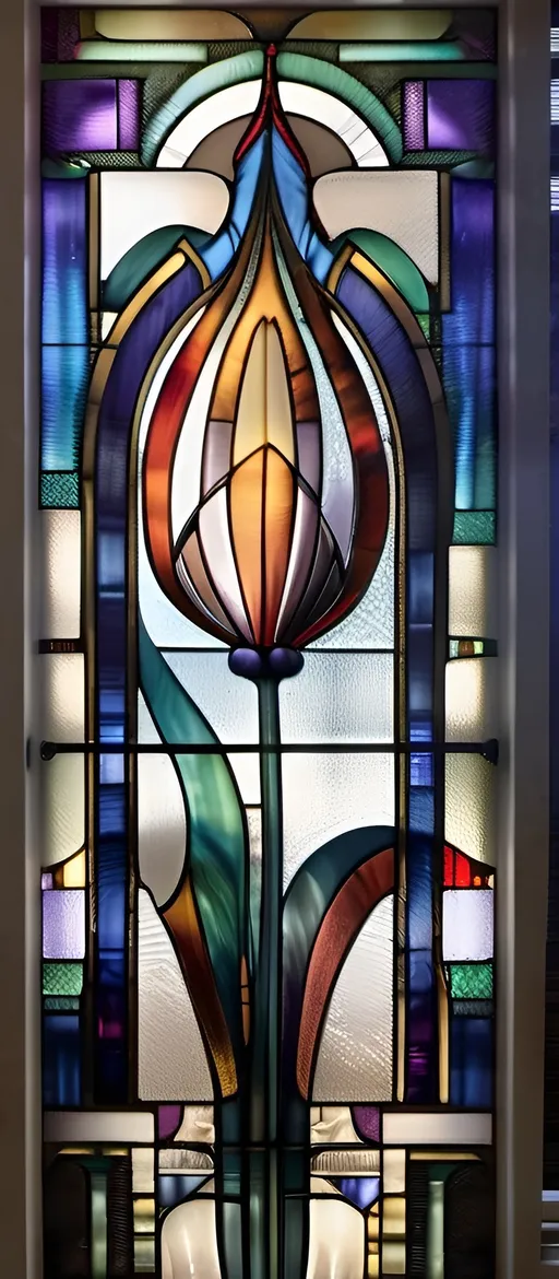 Prompt: A Seven Wonders Art Glass Studio stained glass window with a Art Deco designed tulip flower in it's center and a stem in the middle of the window, Brothers Hildebrandt, arts and crafts movement, modern art deco, an art deco painting