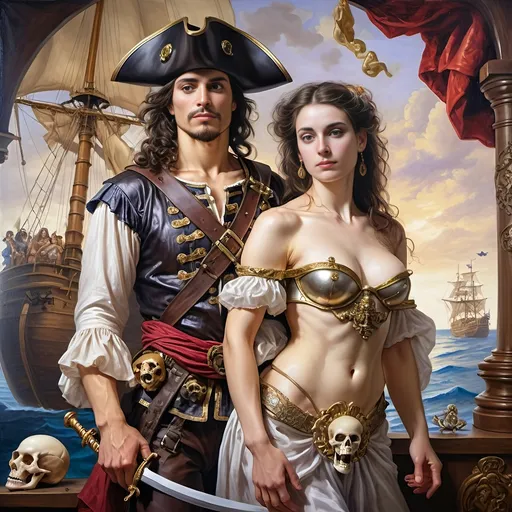 Prompt: A 7 Wonders Art Glass Studio Renaissance oil painted masterpiece (Honoring Nuit) of a pirate man and lover dressed in pirate costume of the period if Conquistadors standing next to each other in front of a ship with a skull, David Macaulay, fantasy art, highly detailed oil painting, an oil painting