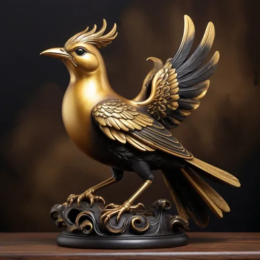 Prompt: (golden and black bird statue), (detailed airbrush painting), on a rustic wooden tabletop, (dark background), (brown backdrop), (Anne Stokes style), captivating fantasy art, ultra-detailed, dramatic lighting, rich textures, reflecting elegance, enchanting atmosphere, inviting mystery, intricate craftsmanship, high quality, perfect for a fantasy collection.