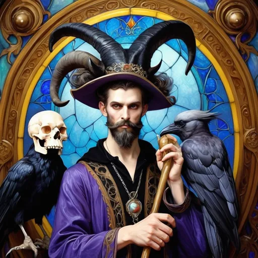 Prompt: Art Nouveau (style), pastel color scheme, a (man magician satyr) with (horns), holding a (skull) in one hand, a (crow perched on his shoulder), elegant pose, stylized cane topped with a (skull orb), intricate stained glass patterns and porcelain influences in the background, dreamy ambiance, (fluid lines), detailed, smooth textures, high quality, ultra-detailed watercolor techniques.