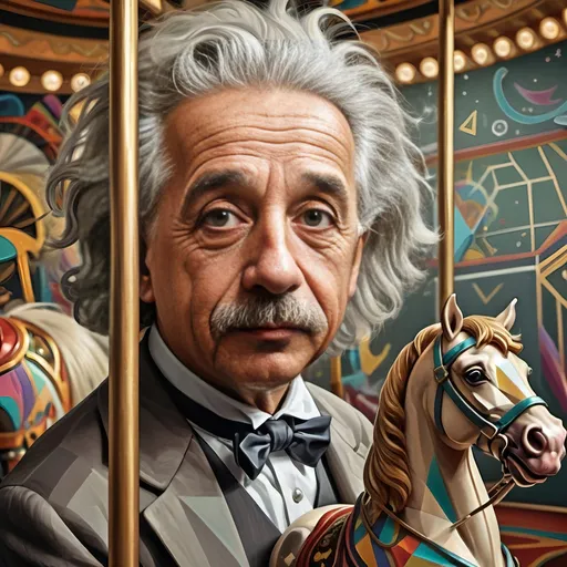 Prompt: Carousel of Science, (vibrant art deco style), (highly detailed) digital painting, Albert Einstein on a carousel, horse riding in front, intricate chalkboard in the background, colorful geometric patterns, dynamic composition, sharp lines, depth in shadows and highlights, ultra-fine details, captivating atmosphere, visually striking, evoking curiosity and wonder, HD quality.