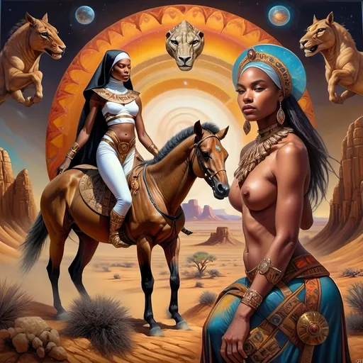 Prompt: (A oil masterpiece) A black nun riding a majestic horse, gripping a gun, fiercely defending against alien desert creatures, vast desert landscape, surreal celestial elements, homage to Nuit, warm earthy tones, contrasting vibrant colors, dramatic lighting, (highly detailed), capturing intense emotions and a sense of adventure, (7 Wonders Glass Art Studio), ultra-detailed, (cinematic).