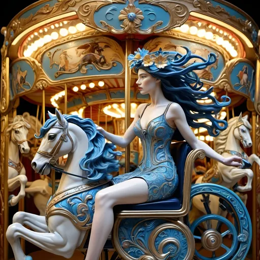 Prompt: (Art Nouveau style), (Carousel of Diversity), vibrant color scheme, a woman in a wheelchair, riding a carousel adorned with exquisite horses, blue flower in her hair, surrounded by intricate details of dystopian elements, impressive figurative art, artistic interplay of light and shadow, evoking emotion and movement, Caroline Chariot-Dayez, celebrating resilience, stunning art deco sculpture, ultra-detailed, high quality.